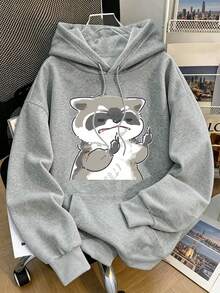 Plus-Size Women's Casual, Cute And Relaxed Raccoon Print Hoodie With Pockets, Fun And Unique Style, Women's Autumn And Winter Hoodie. - Light Grey - View 1