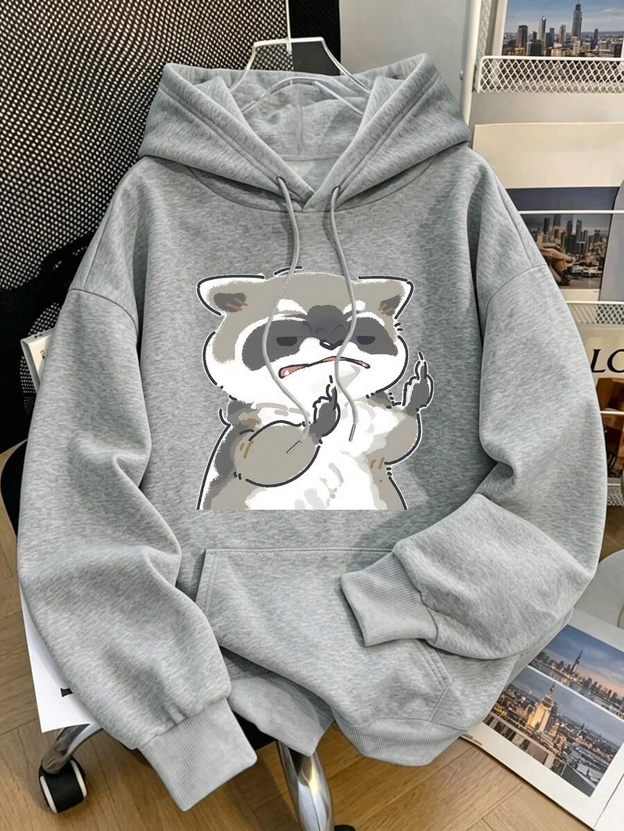 Plus-Size Women's Casual, Cute And Relaxed Raccoon Print Hoodie With Pockets, Fun And Unique Style, Women's Autumn And Winter Hoodie. - Light Grey - View 1
