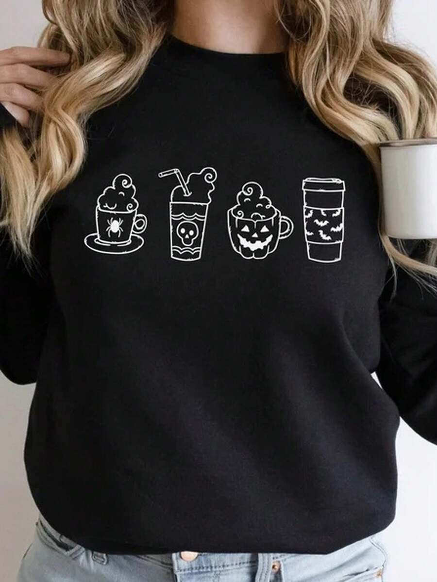 Halloween Coffee Sweatshirt: Pumpkin Spice Season Sweater - 黑色 - 查看 1