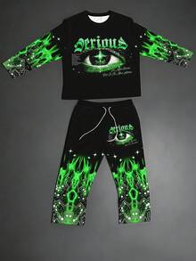 [2D Printed Pattern]Plus Size Men's 2 Pieces Set, Men's Wide Leg Pants, Long Sleeve Pattern T-Shirt, Streetwear "Green Flame Demon Eye Gothic English Faux Rhinestone Print" Pattern Set - Polyester Fabric, Drawstring, Pockets, Suitable For Plus Size - Black - View 2