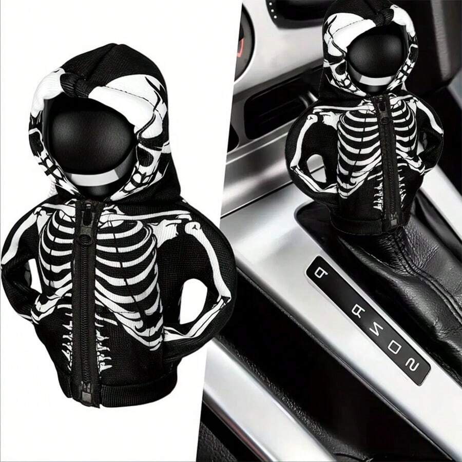 Halloween Skeleton Car Gear Shift Cover, Cute Hoodie Style, Black And White Dual Color, Universal Fit Protective Gear Knob