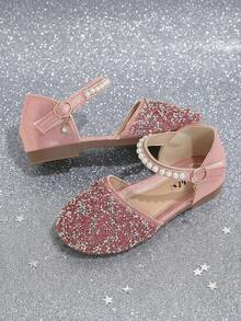 Girls' Pink Rhinestone Closed-Toe Sandals With Pearl Decor Ankle Strap And Hook-And-Loop Closure, Suitable For Summer Outings And Performance Outfits - Watermelon Pink - View 6