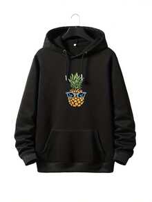 Plus Size Casual Sweatshirt, Men's Plus "Cartoon Pineapple" Print Long Sleeve Drawstring Hoodie Sweatshirt, Father's Day Gift, Femme - Black - View 7