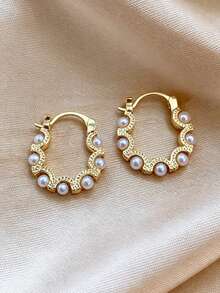 1pair Exquisite Circle Pearl Hoop Earrings, Korean Style Fashion Statement Ear Clips With Unique Design - Multicolor - View 1