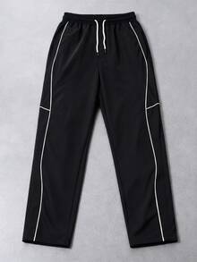 1pc Men's Black Wide Leg Pants, Black Base With White Contrast Line Design, Smooth Drape Fabric, Wrinkle-Resistant And Easy Care, Dual Side Practical Pockets, Machine Washable, Sporty Casual, American Street Style, Versatile Daily Commute Wide Leg Pants - Black - View 6