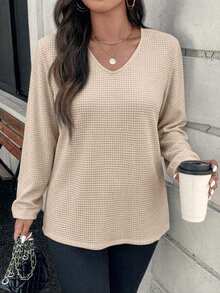 Plus Size Women's Small V-Neck Solid Color Knit Sweater With Hollow Back Patchwork Design - Apricot - View 3
