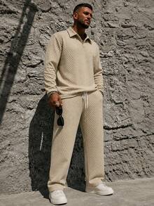 Men's Plus Size Polo Set, Autumn Solid Color Textured Fabric Casual 2-Piece Outfit - Khaki - View 4