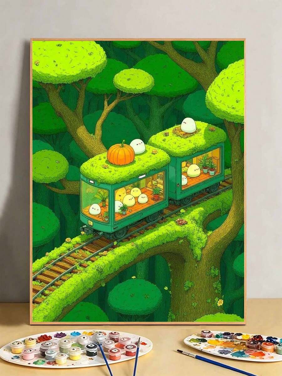 DIY可愛綠色森林小火車與小球(無框 8x12 / 16x20 英吋)數位油畫套裝(壓克力),適合成人初學者,居家牆面裝飾與節日禮物 - 套裝 - 查看 1