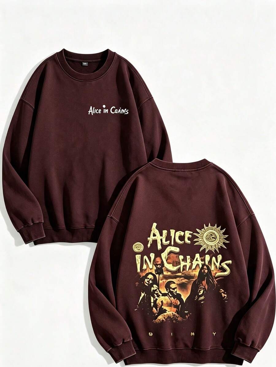 Unisex Y2K "Alice In Chains - Misfit Rock Band" Graphic Cotton Hoodie, Retro Casual Fashionable Daily Soft Warm Hoodies For Streetwear - 酒紅色 2 - 查看 1
