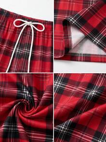 SU ER Men's Summer Casual Elastic Waist Drawstring Loose Drapey Lazy Wide Leg Plaid Curved Hem Long Pants - Red - View 7