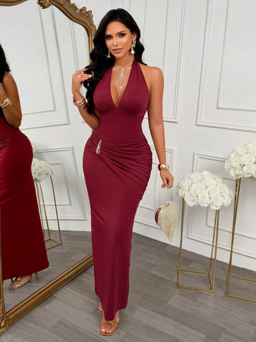 AIJ Fall Women's Long Dress, Legant Bodycon Fit With Ruched Bust,Slit In Stretchy Fabric For Formal Night Out Wedding Guest Party Dress Elegant Red - Red - View 1