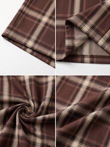 SU ER Men's Summer Casual Elastic Waist Drawstring Loose Drapey Lazy Wide Leg Plaid Curved Leg Long Pants - Coffee Brown - View 7