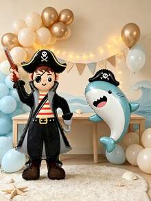 2pcs Standing Large Base Pirate & Shark Shaped Balloons, Suitable For Birthday Party Celebration Decoration, Holiday Party Atmosphere Decoration, Indoor Outdoor Room Scene Arrangement - View 1