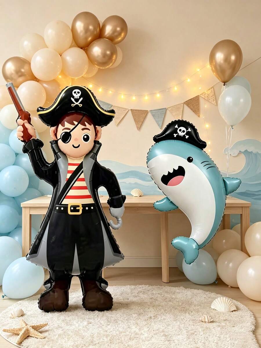 2pcs Standing Large Base Pirate & Shark Shaped Balloons, Suitable For Birthday Party Celebration Decoration, Holiday Party Atmosphere Decoration, Indoor Outdoor Room Scene Arrangement - View 1