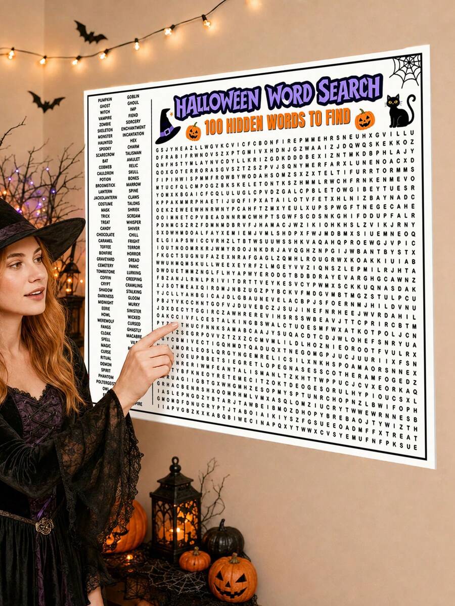 Extra Large Halloween Word Search Game Poster - Halloween Word Search, Party Word Search, Extra Large Interactive Puzzle, Featuring Bat, Spider Web, Ghost Cat Patterns, Easy And Fun Halloween Party Activity Game, Interesting Family Activity, Simple And Fun Party Game - Multicolor - View 1