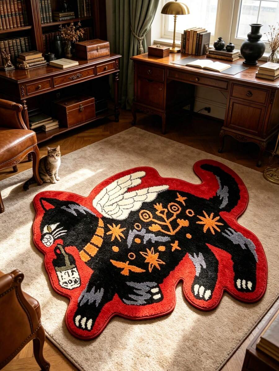 1pc Flying Black Cat Decorative Rug, Thickened Carpet, Plush Rug, Autumn/Winter Rug, Decorative Rug, Bedroom Decor, Small Rug, Carpet, Home Decor, Living Room Rug, Living Room Small Rug, Bedroom Rug, Living Room Home Decor, Outdoor Rug, Washable Rug - Multicolor - View 1