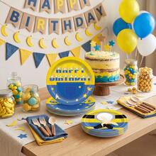 10/20/40pcs Cartoon Mini Jeans Disposable Paper Plates, Yellow Cartoon Banana Happy Birthday Print, 7 Inch And 9 Inch Party Plates, Suitable For Birthday Party, Cartoon Theme Party, Summer Pool Party, Afternoon Tea And Holiday Celebration Table Decor - Multicolor - View 6