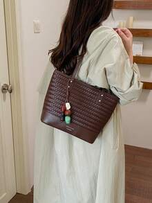 Woven Texture Versatile Shoulder Bag Women's 2026 Artistic Tote Bag Fashion Commute Handbag With Pendant - Coffee - View 6
