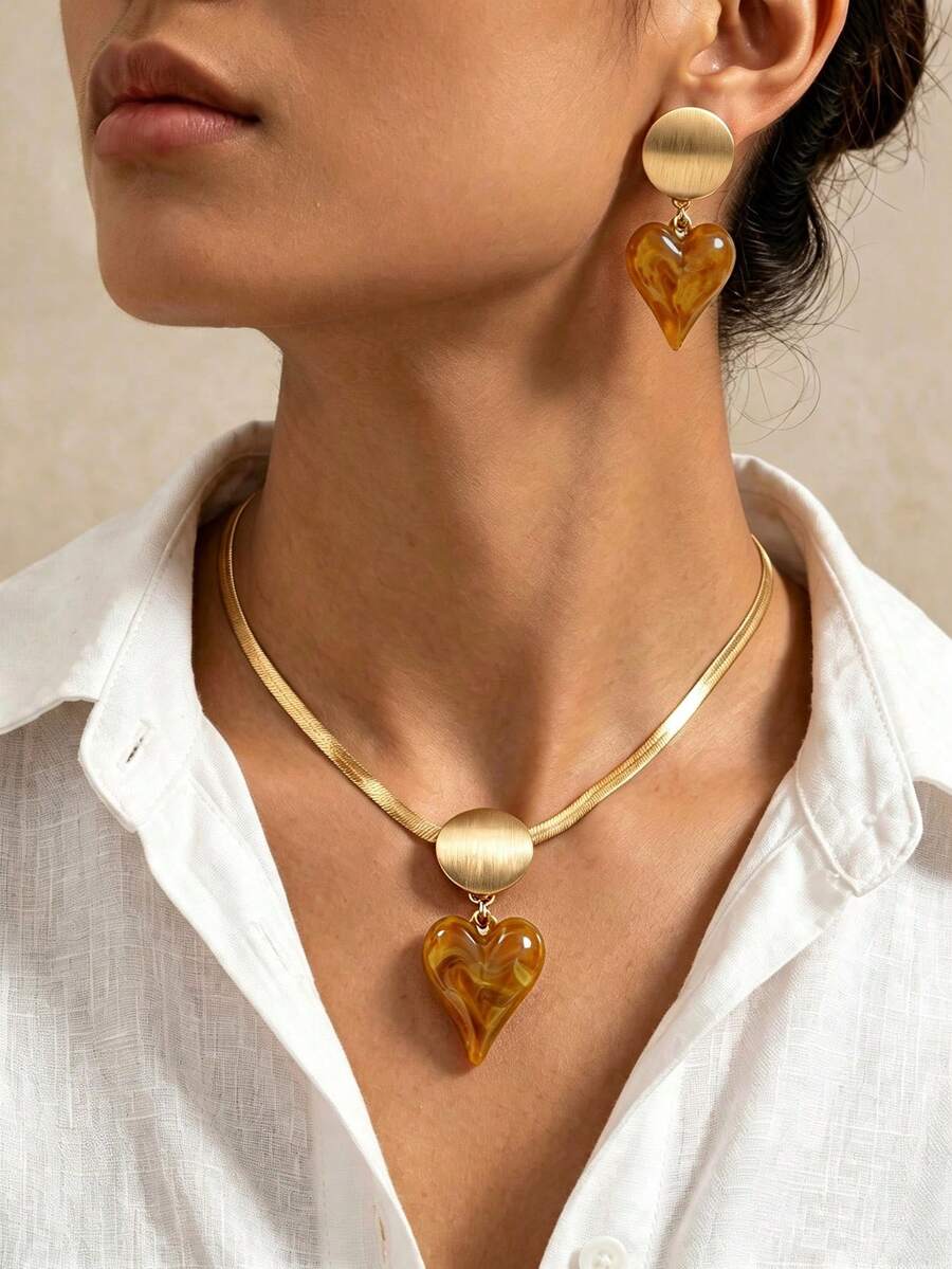 1 Set Vacation Style Colorblock Resin Heart Geometric Snake Chain Necklace & Earrings Set, Suitable For Women's Daily Wear - Green - View 1