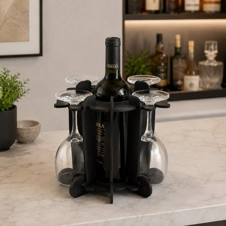 Adega de Vinhos Preta com Suporte para 4 Taças Elegância Praticidade Bancada Mesa Mdf Bar - Preto - Visão 1