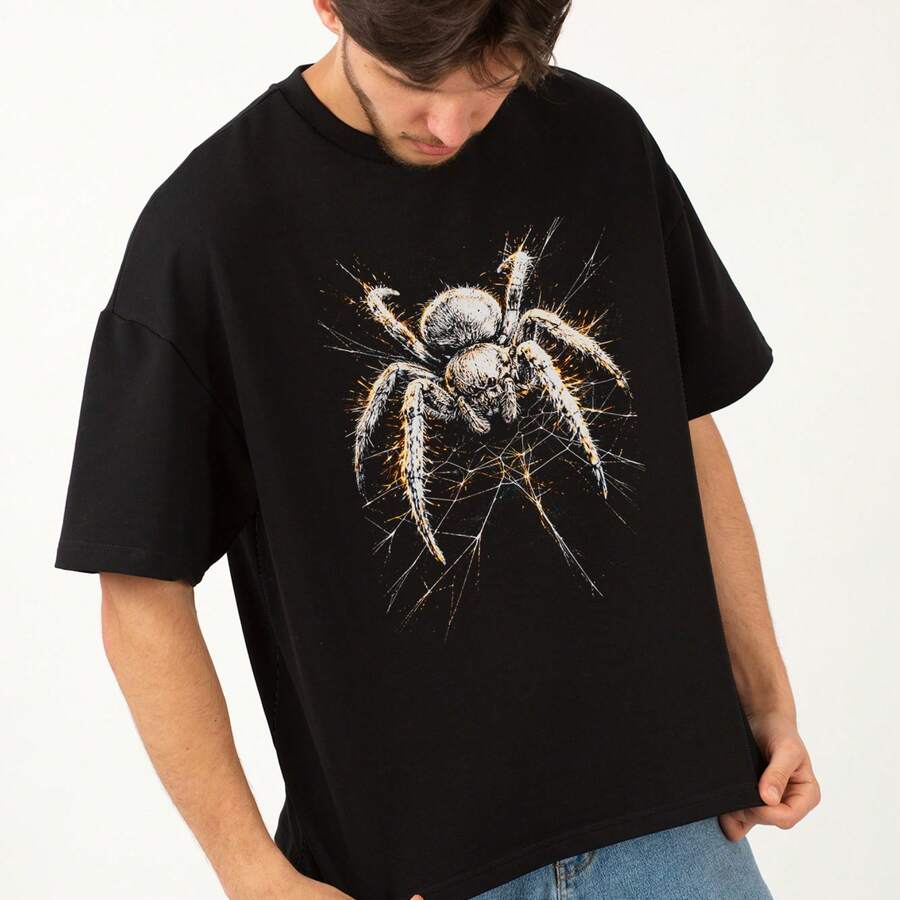 Camiseta Oversized Gola Alta Streetwear Algodão Estilo Urbano Treino Casual Preto Estamp Todas Ocasiões ARANHA 53 - Preto - Visão 1