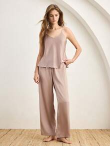 Ocili Leisure Silky Satin Comfortable Loose Long Sleeve Lapel Front Button Women's Pajama Top/Bottoms - Champagne - View 2