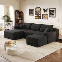 L Shape Sofa Black Fabric 241cm For Living Room - 黑色 4 座 - 查看 5