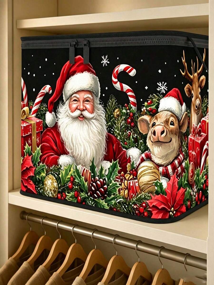Santa Claus Storage Box With Lid, Large Capacity Foldable Fabric Organizer Bin, Zipper And Handle, Black Holiday Print Storage Box, Suitable For Christmas Decoration, Blankets, Clothes, Closet And Bedroom - Multicolor - View 1