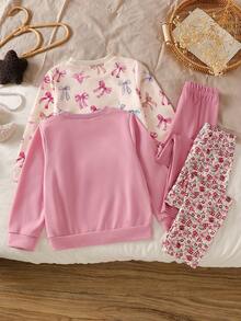 Autumn/Winter Girls Cute Casual Sequin Bow Sweatshirt + Pink Soft Elastic Long Pants Multi-Piece Set - Multicolor - View 3