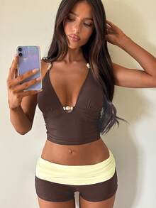 Women's Halter Tankini Swimwear Shorts Set, Suitable For World Cup, Casual Summer Vacation Beach Wear Brown - Brown - View 3