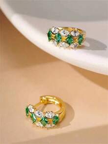 1 Pair Elegant Green & White Cubic Zirconia Inlaid Champagne Gold Plated Women's Earrings, Suitable For All Special Celebrations Throughout The Year, Enhancing Your Charm - Green - View 5