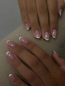 24pcs French White Short Oval Press-On Nails, Minimalist Nude False Nails, Manicure Supplies - Multicolor - View 1