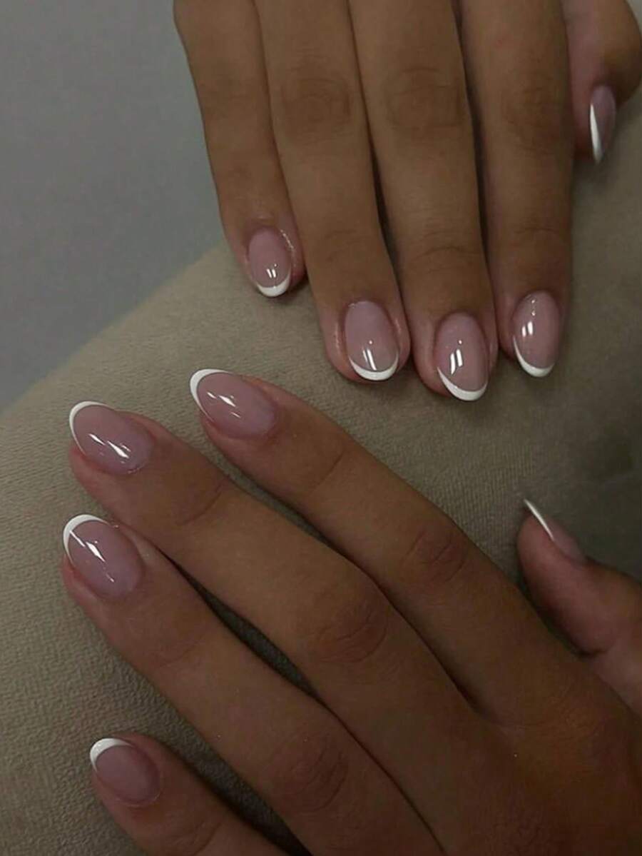 24pcs French White Short Oval Press-On Nails, Minimalist Nude False Nails, Manicure Supplies - Multicolor - View 1