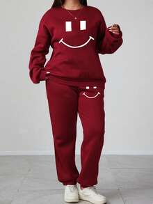 Plus Size Women's Cute Face Print Crew Neck Long Sleeve Sweatshirt And Sweatpants Casual Set, Suitable For Autumn/Winter Home, Sports And Leisure Wear, Comfortable And Warm. - Burgundy - View 1