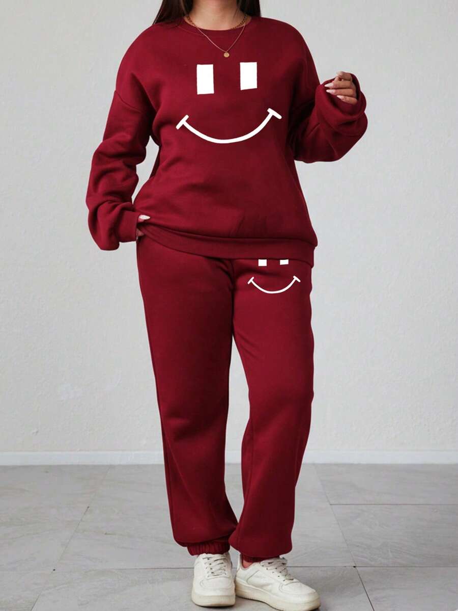 Plus Size Women's Cute Face Print Crew Neck Long Sleeve Sweatshirt And Sweatpants Casual Set, Suitable For Autumn/Winter Home, Sports And Leisure Wear, Comfortable And Warm. - Burgundy - View 1