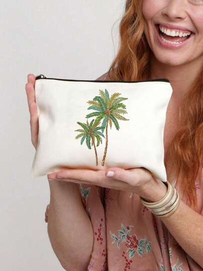 Coconut Tree Print Makeup Bag, Reusable Cosmetic Storage Bag, Lightweight Makeup And Toiletry Organizer Bag, Zipper Makeup Bag, Lightweight Coin Purse, Palm Tree Print Toiletry Bag, Storage Bag, Travel Accessory, Perfect For Shopping, Multi-Functional Use, Organize Makeup Brushes And Accessories, Perfect Gift For National Day, Middle East Traditional Pattern, Saudi National Day, Teacher's Day, Back To School, Halloween, Christmas