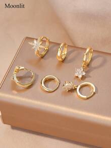 Elegant Fashion 6pcs Cubic Zirconia Earrings Set, Octagram And Four-Leaf Clover Decor, Suitable For Women's Daily Commute And Date Wear - Gold - View 3