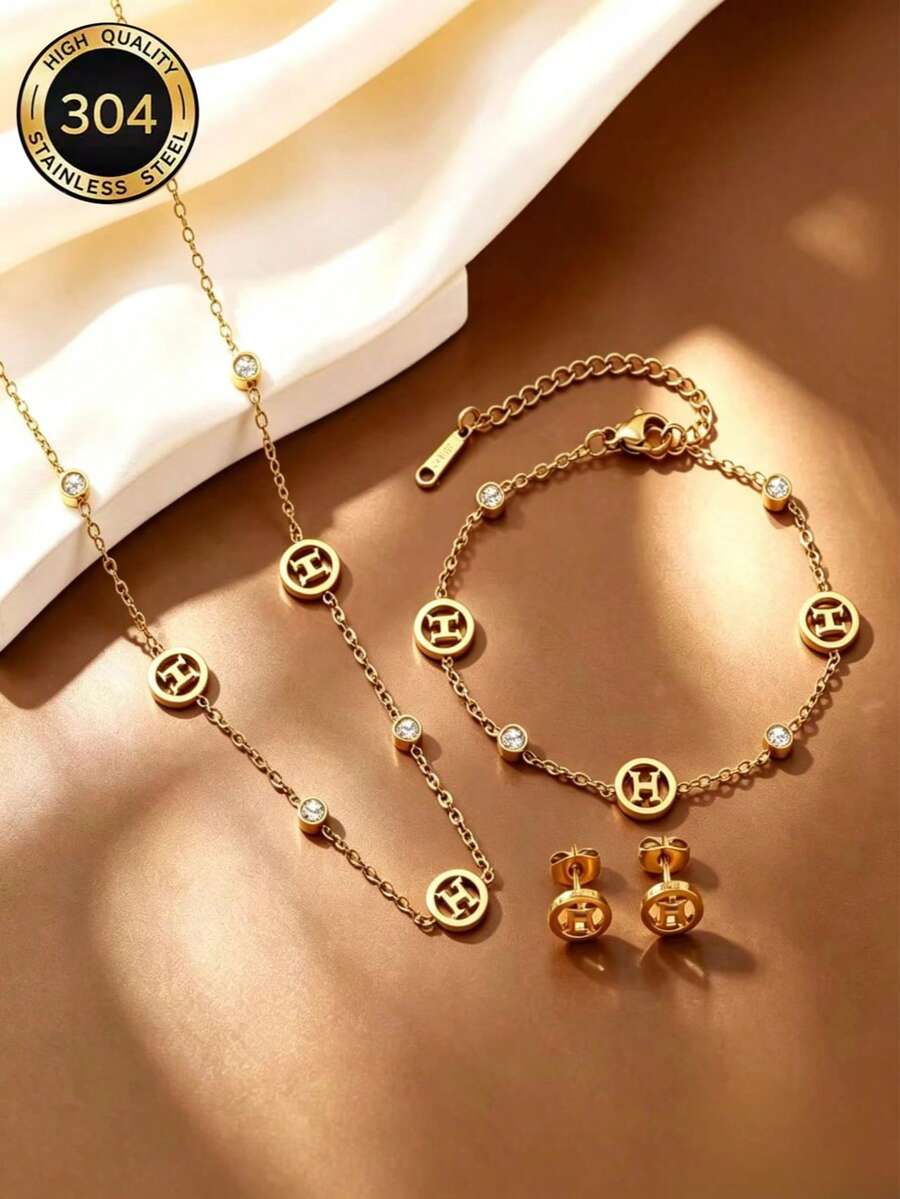 European & American Ins Style Niche High-End H Round Disc Rhinestone Jewelry Set, 304 Stainless Steel 18K Gold Plated Women's Jewelry, Suitable For Party Gifts