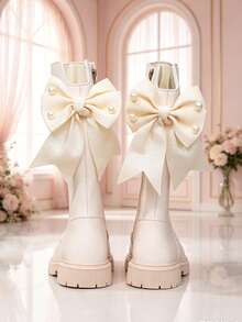1 Pair White Girls' Pearl Bow High-Top Riding Boots, Soft PU Thick Sole Height-Increasing Inner Zipper Design, Fashionable Cute Princess Style Long Boots, Suitable For Daily School, Holiday, Party, Autumn/Winter New - White - View 3