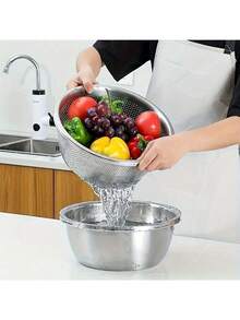 2pcs/24CM Diameter Extra Thick Large Capacity Stainless Steel Micro-Perforated Colander Set - Multi-Purpose Strainer And Mixing Bowl, For Washing Vegetables, Fruits, Rice And Draining Pasta, Dishwasher And Rust-Proof - One Size - View 5