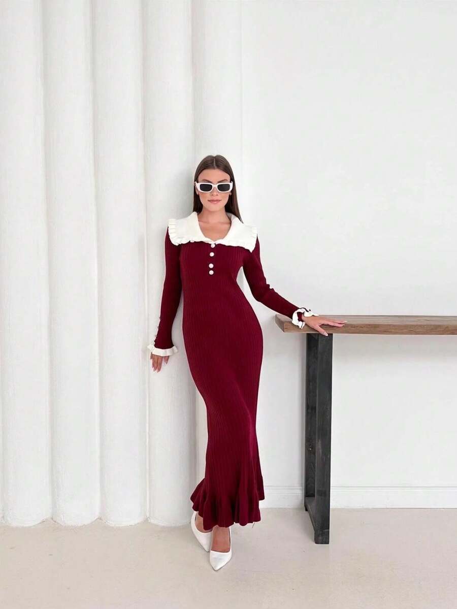 Women's Ruffled Pearl Button Detailed Dress - Burgundy - View 1