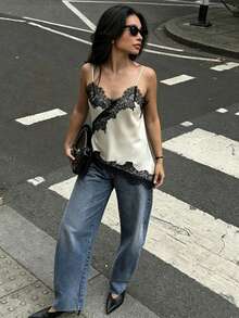 New Arrival Women's Sexy Lace Decor Camisole Top, European And American Style Summer - Black Border On White Background - View 2