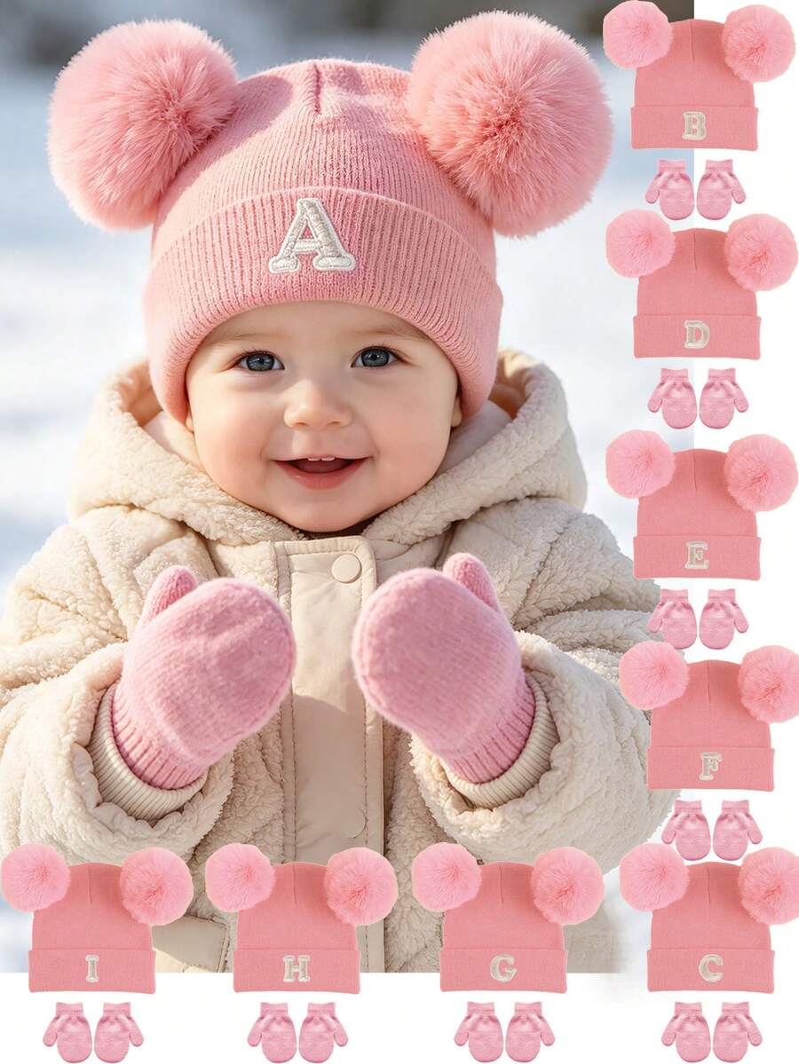 3pcs/Set Baby Letter Knit Hat And Gloves Set, A-Z Double Pom Pom Knit Hat + Knit Gloves, Elastic Warm Winter Accessories, Suitable For Baby Toddler Girls - Pink - View 1