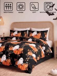 2pcs/3pcs Black Background Cute Ghosts Picking Pumpkins Halloween Style Digital Printed Bedspread Set (1 Duvet Cover + 1/2 Pillowcases Without Insert) Suitable For Daily Use, Made Of Polyester And Other Synthetic Fibers, Soft And Comfortable For Skin - Multicolor - View 6