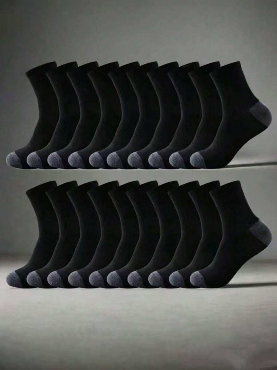 10/20/30/40 Pairs Men's All-Season Comfortable Sports Home Back-To-School Mid-Calf Socks, Unisex - Black - View 1