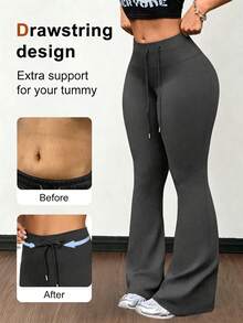1pc Women's Drawstring Flare Pants, Elegant Fashion Long Pants, Waist Drawstring Design, Teacher Back To School Autumn Outfit - Dark Grey - View 2