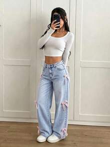 Women's Cute Y2K Denim Straight Leg Jeans With Pink Bow Details Long Length Casual Party Style - 淺藍色 - 查看 2