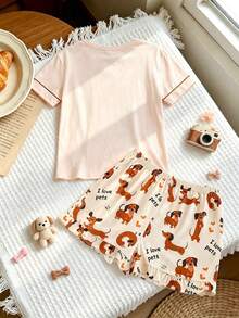 2pcs/Set Tween Girl Summer Casual Cool Cute Dachshund Cartoon Print Crew Neck Pullover Top And Ruffle Hem Shorts Pajama Set Flame Retardant All Season Girls Medium To Large - Apricot - View 2
