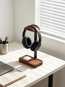 Minimalist Wooden Headphone Stand, Dual Storage Desktop Headphone Organizer, Suitable For Earbuds And Headphones, Minimalist Home Office Decor Desktop Rack - Brown - View 7