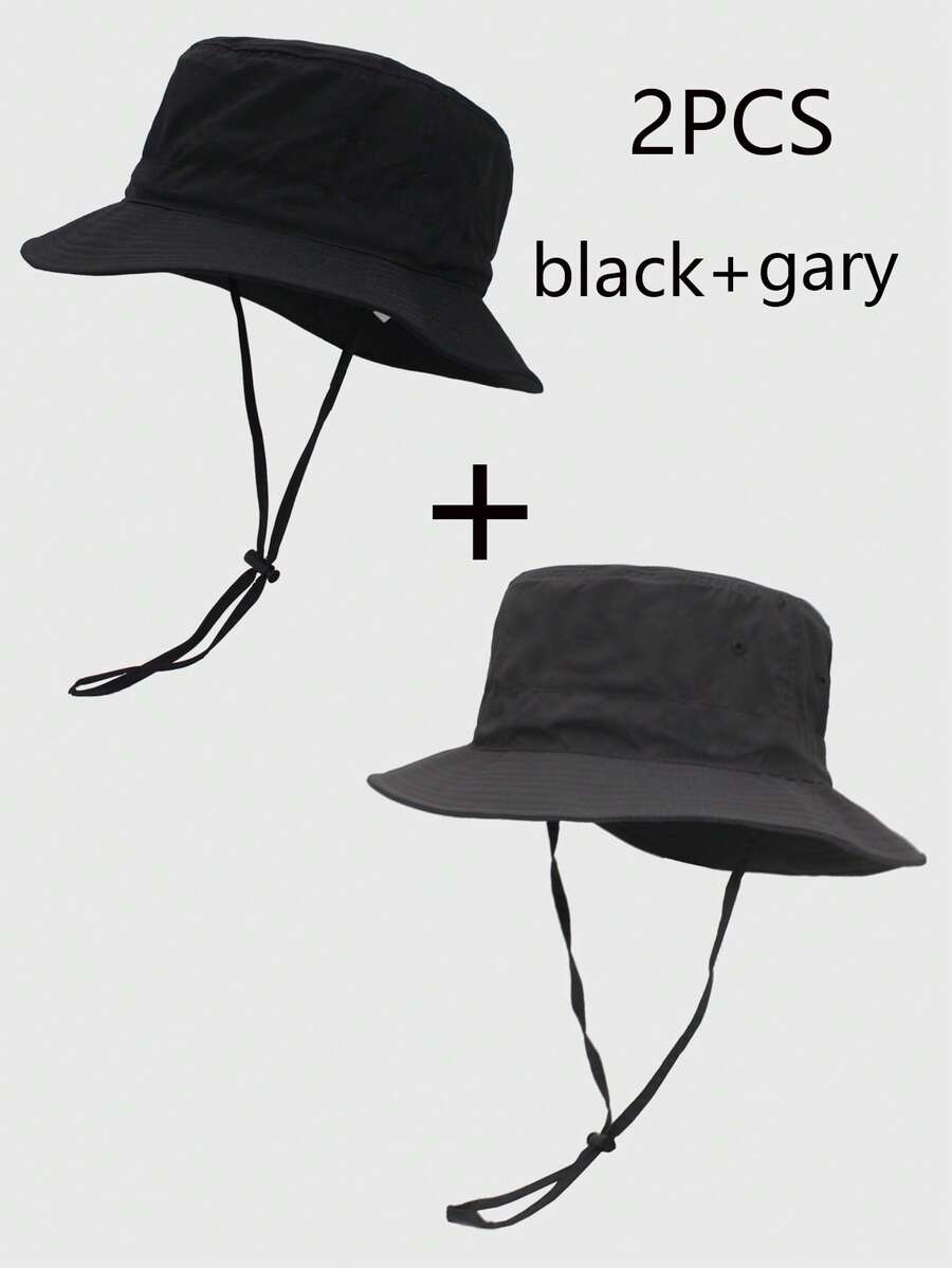 1件中性純色附繩水桶帽，輕量時尚遮陽帽，適合戶外旅行、登山、攀岩、休閒運動，全年齡適用，夏季防曬 - 黑色+灰色 - 查看 1